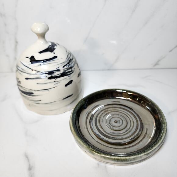 Studio Pottery Butter Dish Artist Signed Black Swirl Ceramic Modern Decor - Picture 1 of 9